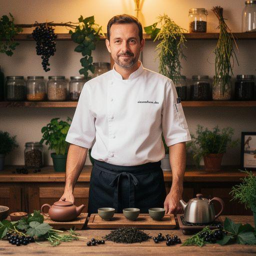 Fekete ribizli levél teát ábrázoló csésze, mellette friss bogyós gyümölcsök.